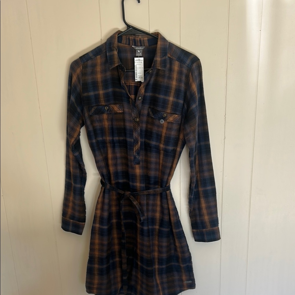 NWT Eddie Bauer Plaid Long Sleeve Dress - Blue and Brown